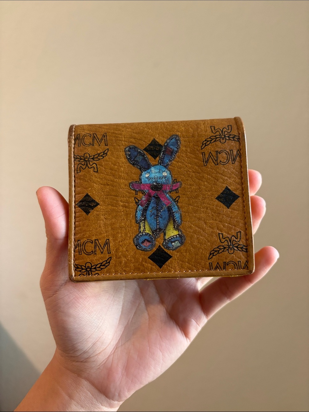 MCM Brown Leather Card Wallet with Multicolor Bunny